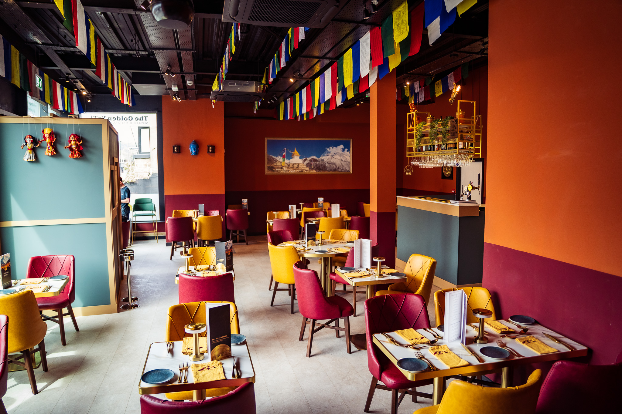 The Golden Yeti Restaurant Interior with Buddhist Prayer Flags in Sheffield